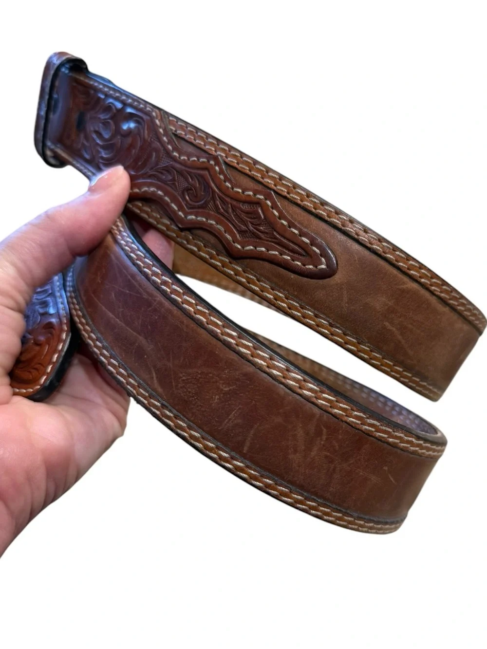 3D Men’s 38 Tooled Brown Leather Belt Only Hand Tooled Ends